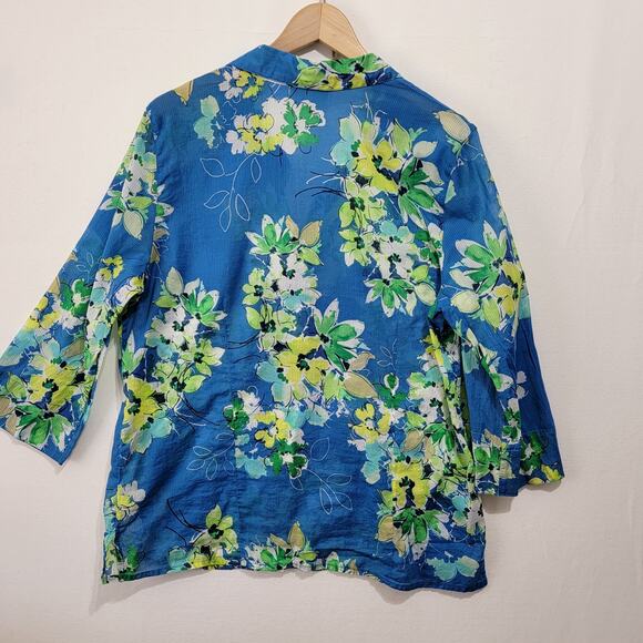 Alfred Dunner Blue Green Floral Semi Sheer Button Front Top Size 16 - Picture 5 of 7